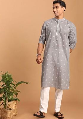 Grey Woven Cotton Kurta Set For Men