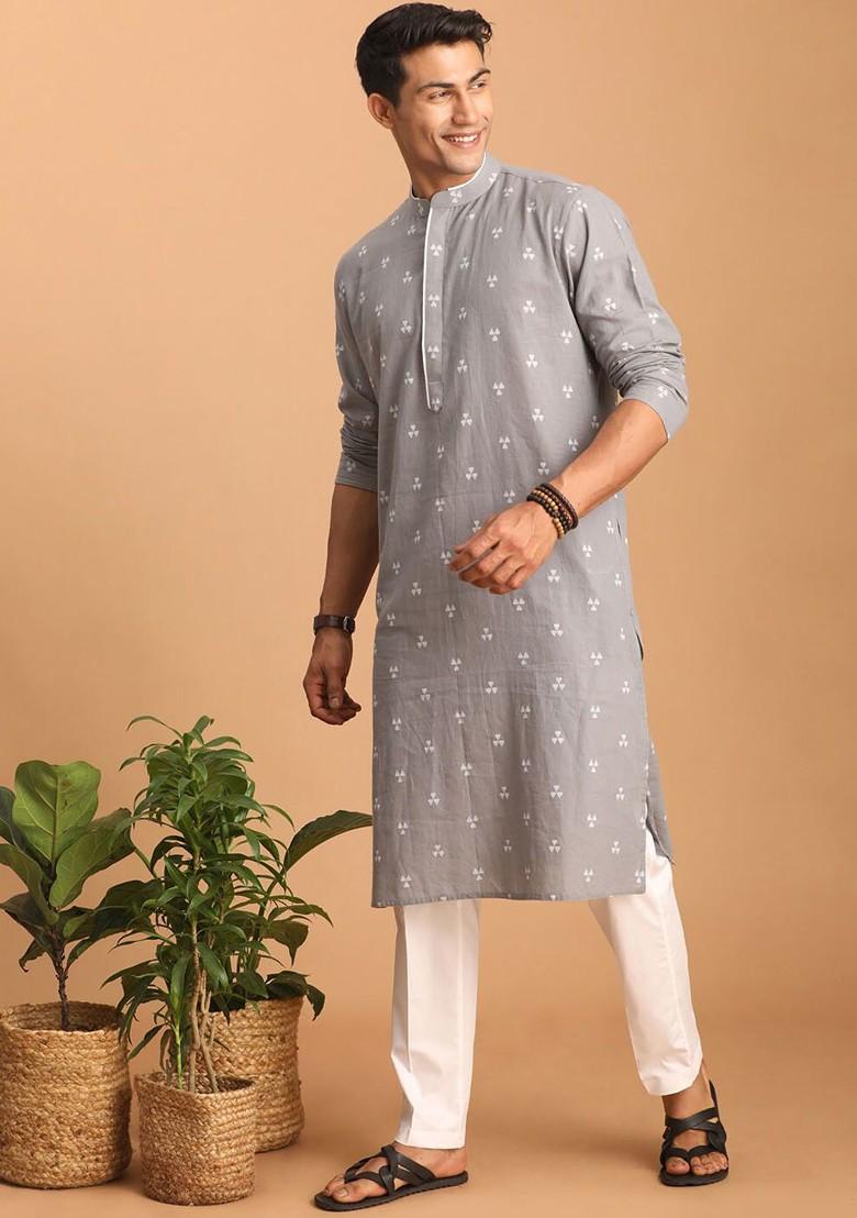 Grey Woven Cotton Kurta Set For Men