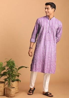 Purple Ethnic Motifs Cotton Kurta Set For Men