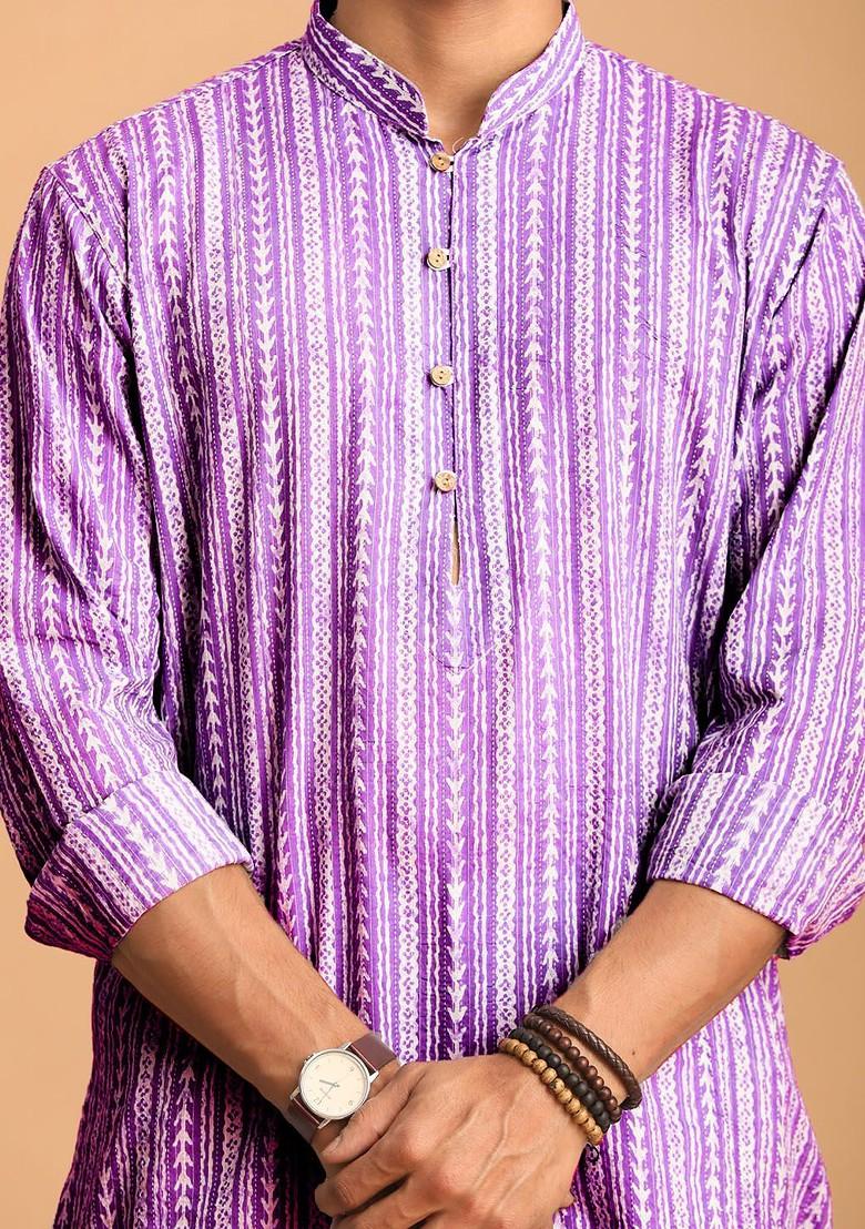 Purple Ethnic Motifs Cotton Kurta Set For Men