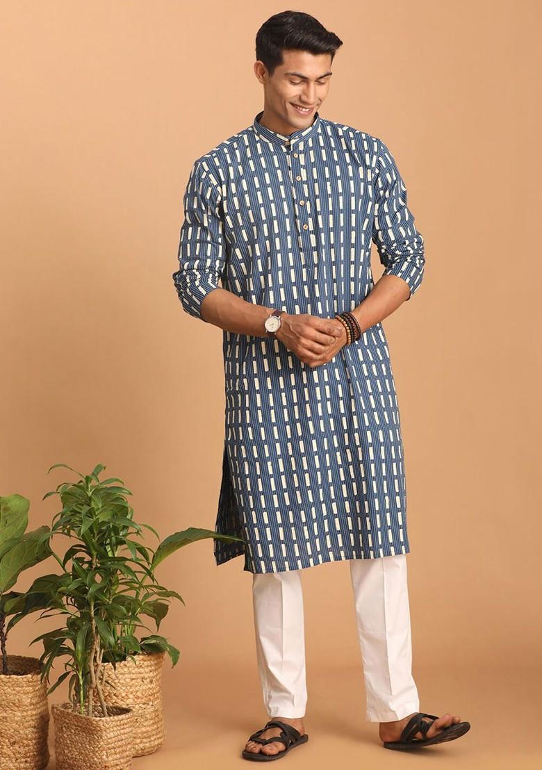 Blue Geometric Print Cotton Kurta Set For Men