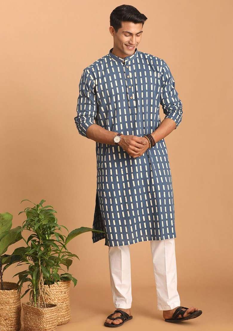 Blue Geometric Print Cotton Kurta Set For Men - Indya