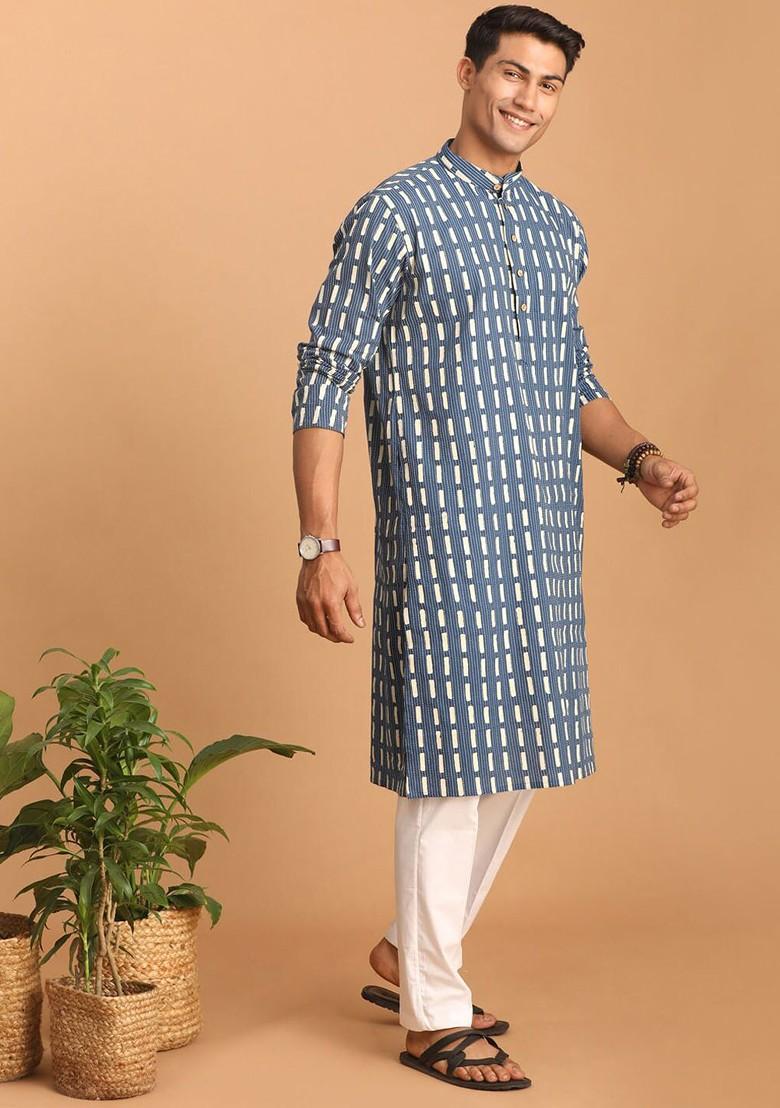 Blue Geometric Print Cotton Kurta Set For Men