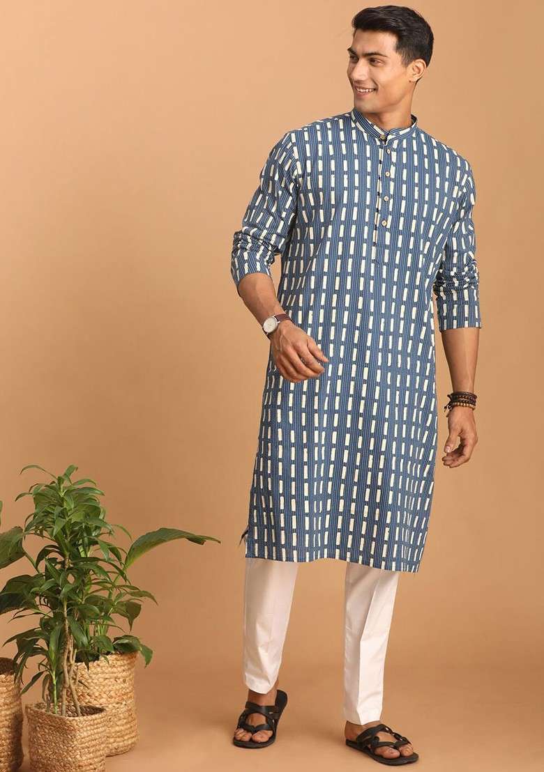 Blue Geometric Print Cotton Kurta Set For Men - Indya