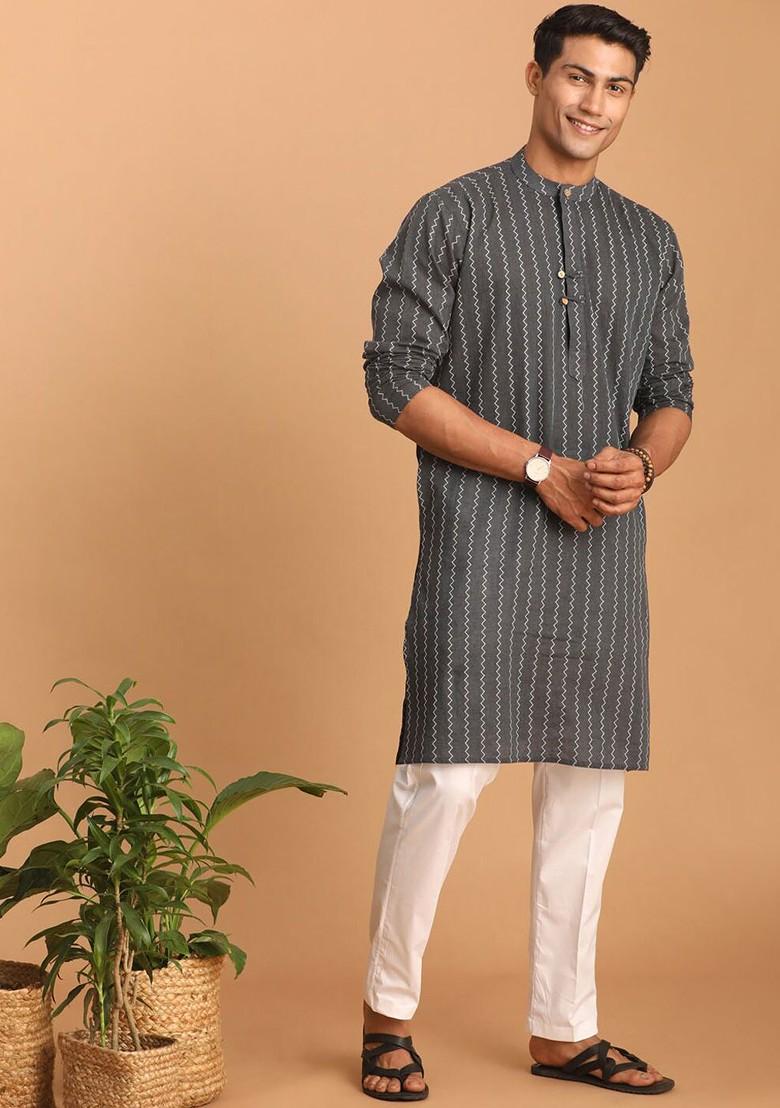 Grey Woven Cotton Kurta Set For Men