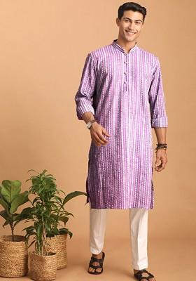 Purple Striped Cotton Kurta Set For Men