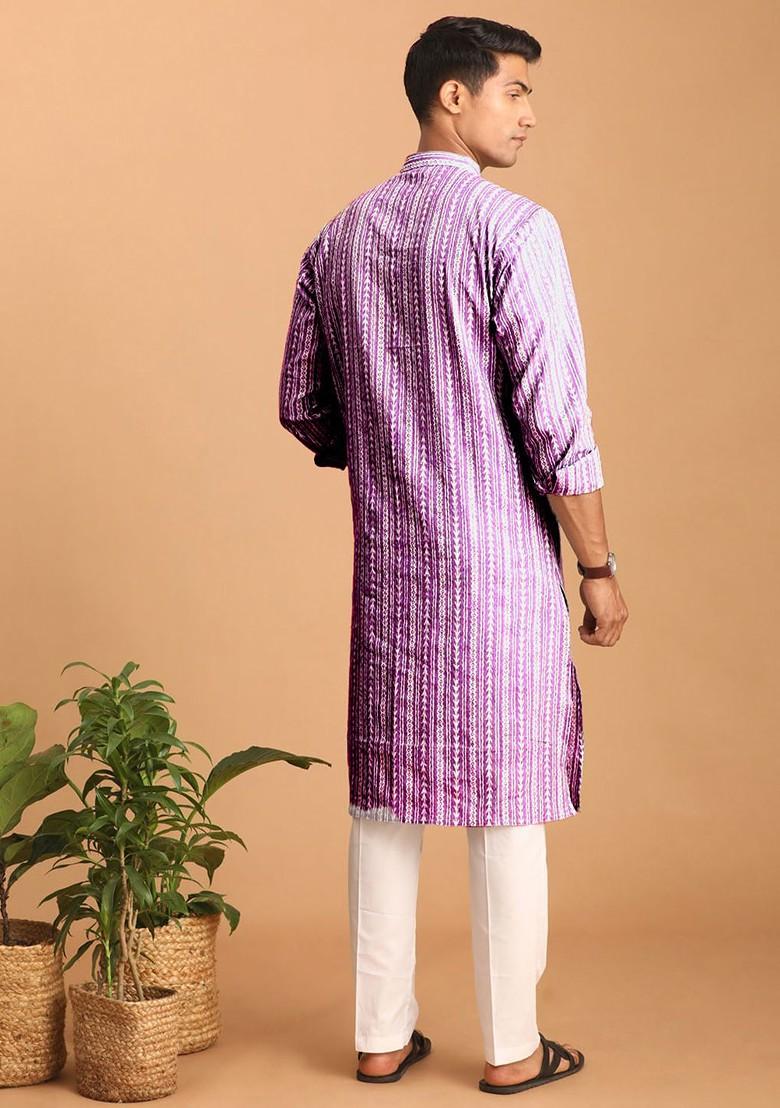 Purple Striped Cotton Kurta Set For Men