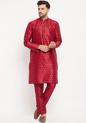 Maroon Geometric Print Poly Blend Kurta Set For Men