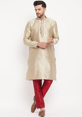Beige Woven Poly Blend Kurta Set For Men