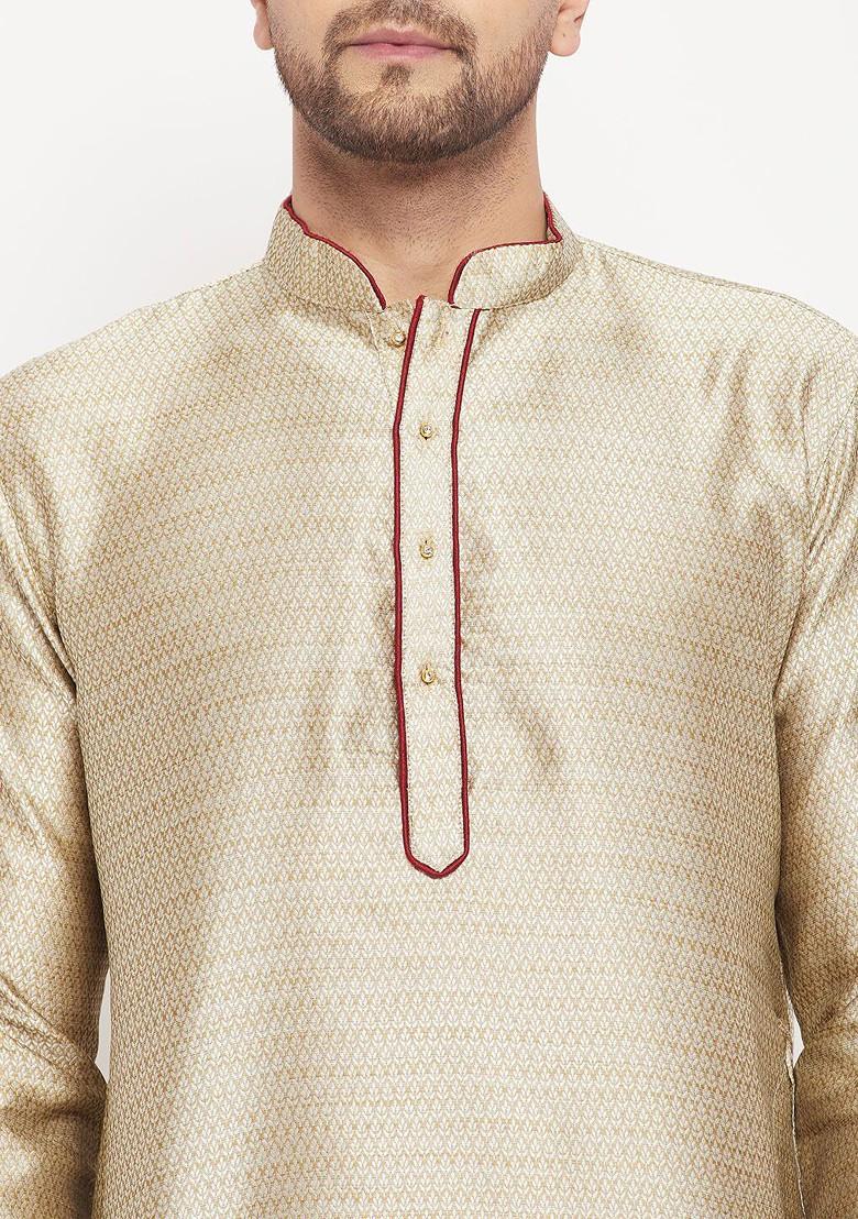 Beige Woven Poly Blend Kurta Set For Men