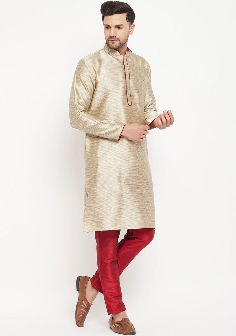 Beige Woven Poly Blend Kurta Set For Men