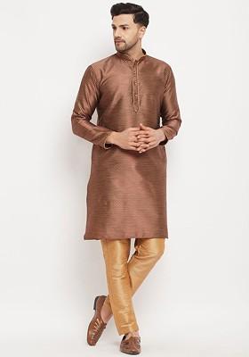 Brown Woven Poly Blend Kurta Set For Men
