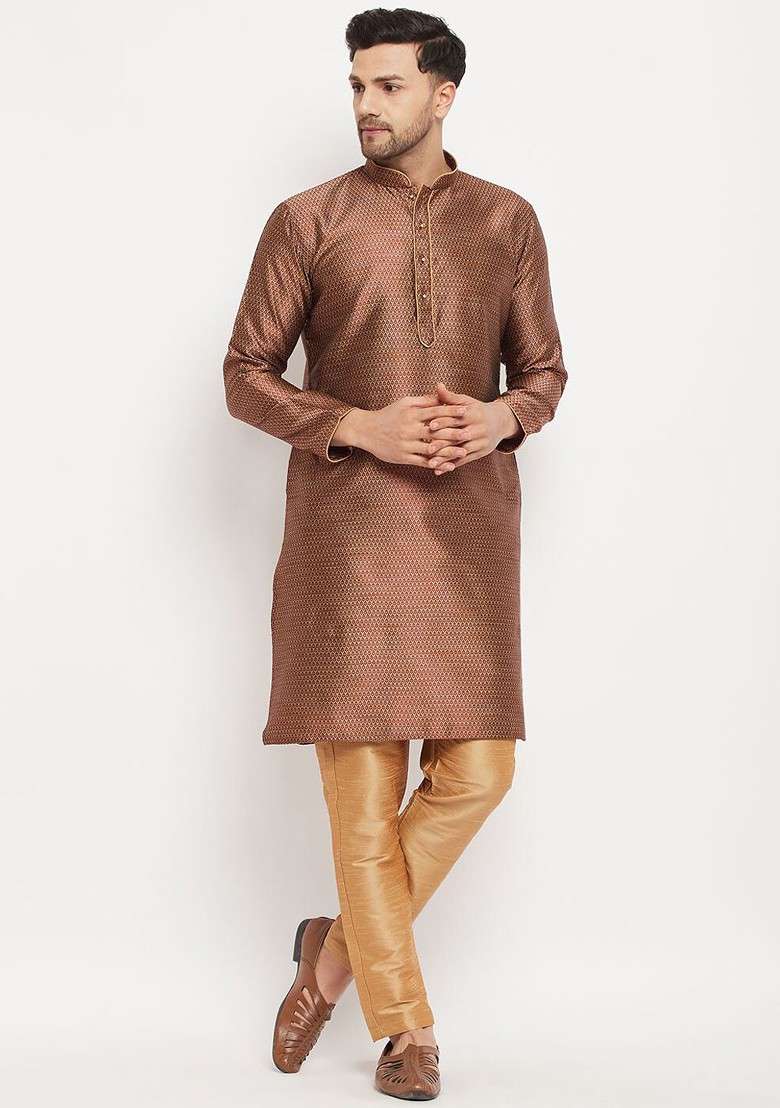 Brown Woven Poly Blend Kurta Set For Men - Indya