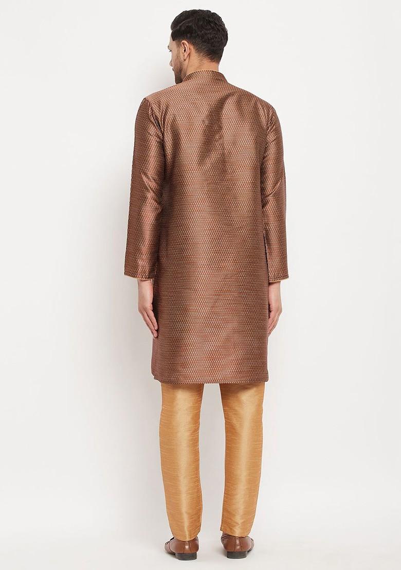 Brown Woven Poly Blend Kurta Set For Men