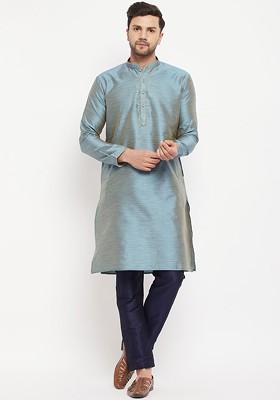 Blue Woven Poly Blend Kurta Set For Men