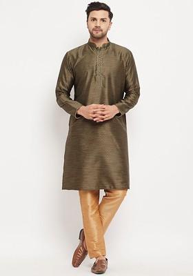 Black Woven Poly Blend Kurta Set For Men