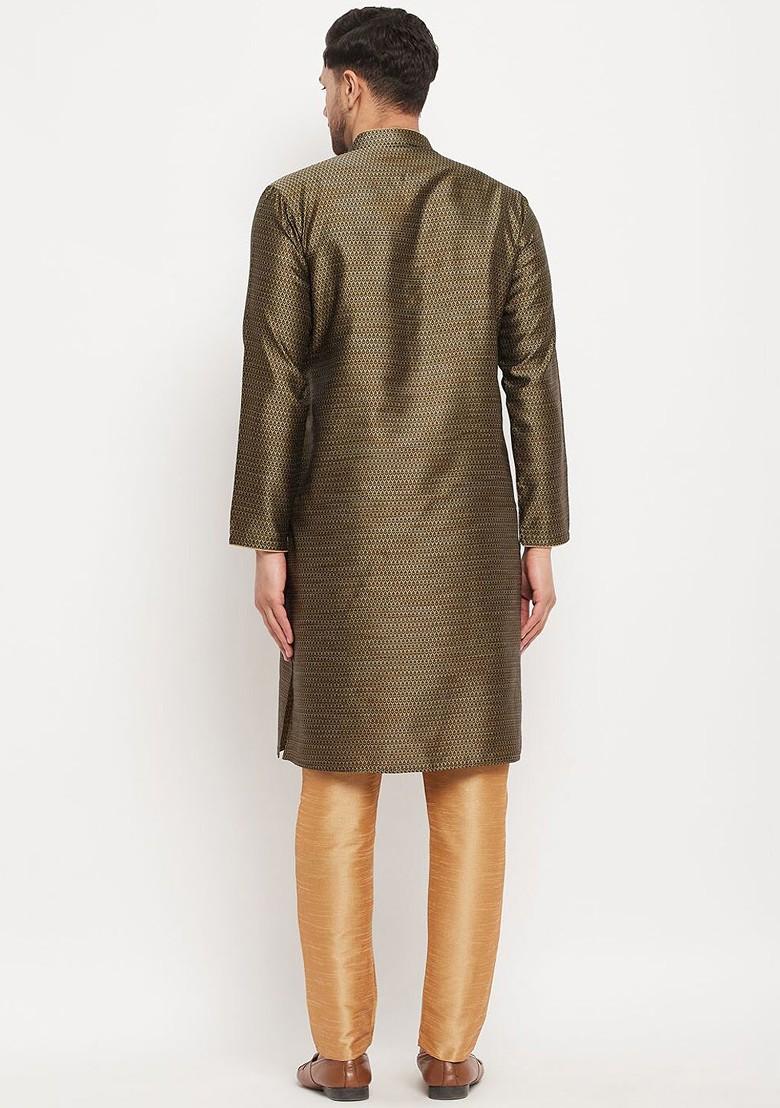Black Woven Poly Blend Kurta Set For Men