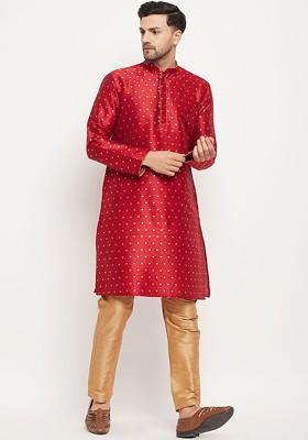 Maroon Woven Poly Blend Kurta Set For Men