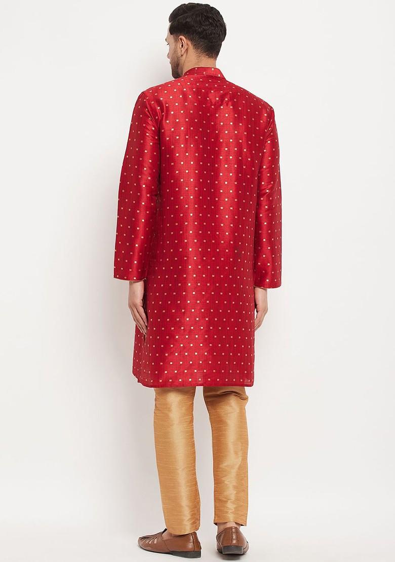 Maroon Woven Poly Blend Kurta Set For Men