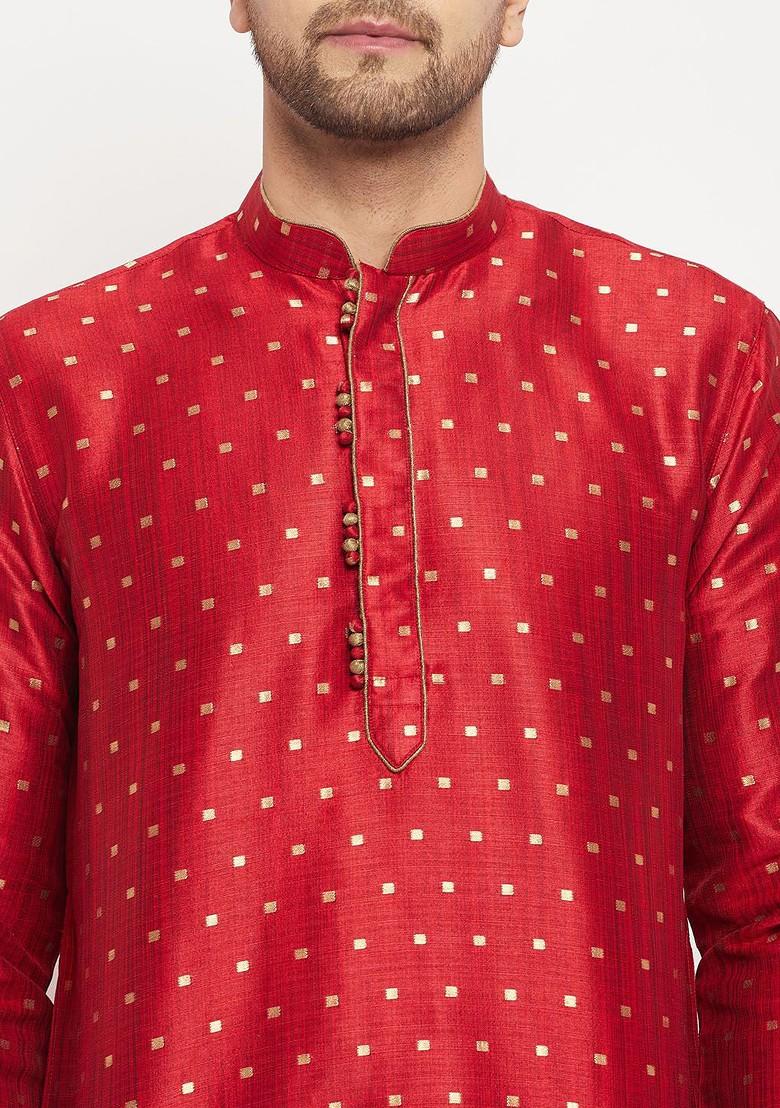 Maroon Woven Poly Blend Kurta Set For Men