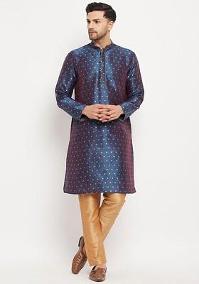 Blue Woven Poly Blend Kurta Set For Men