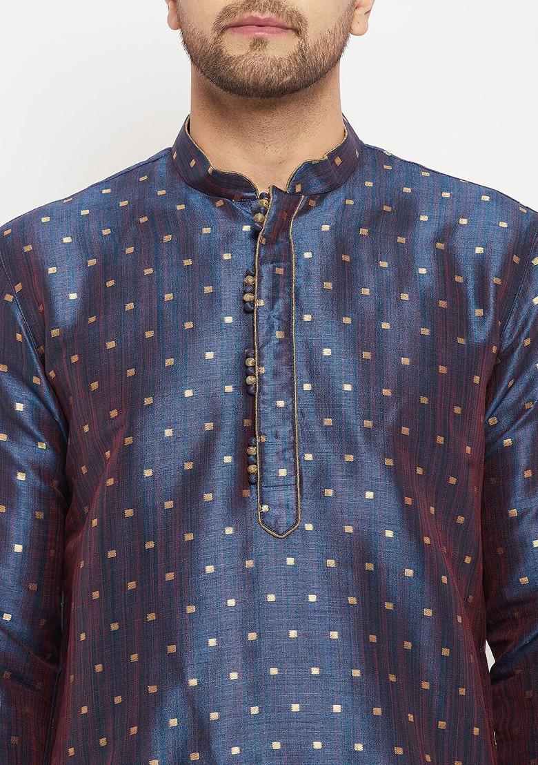Blue Woven Poly Blend Kurta Set For Men