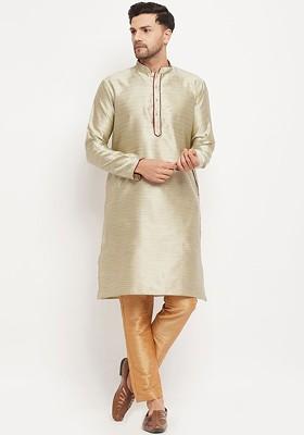 Beige Woven Poly Blend Kurta Set For Men