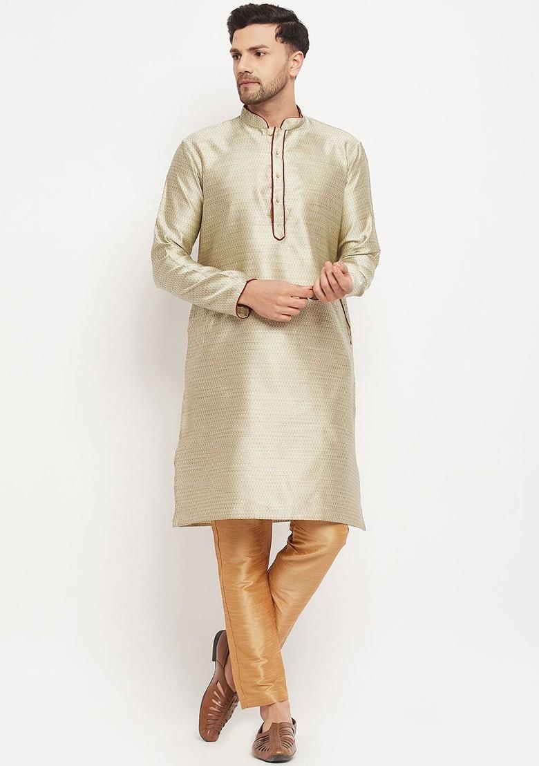 Beige Woven Poly Blend Kurta Set For Men