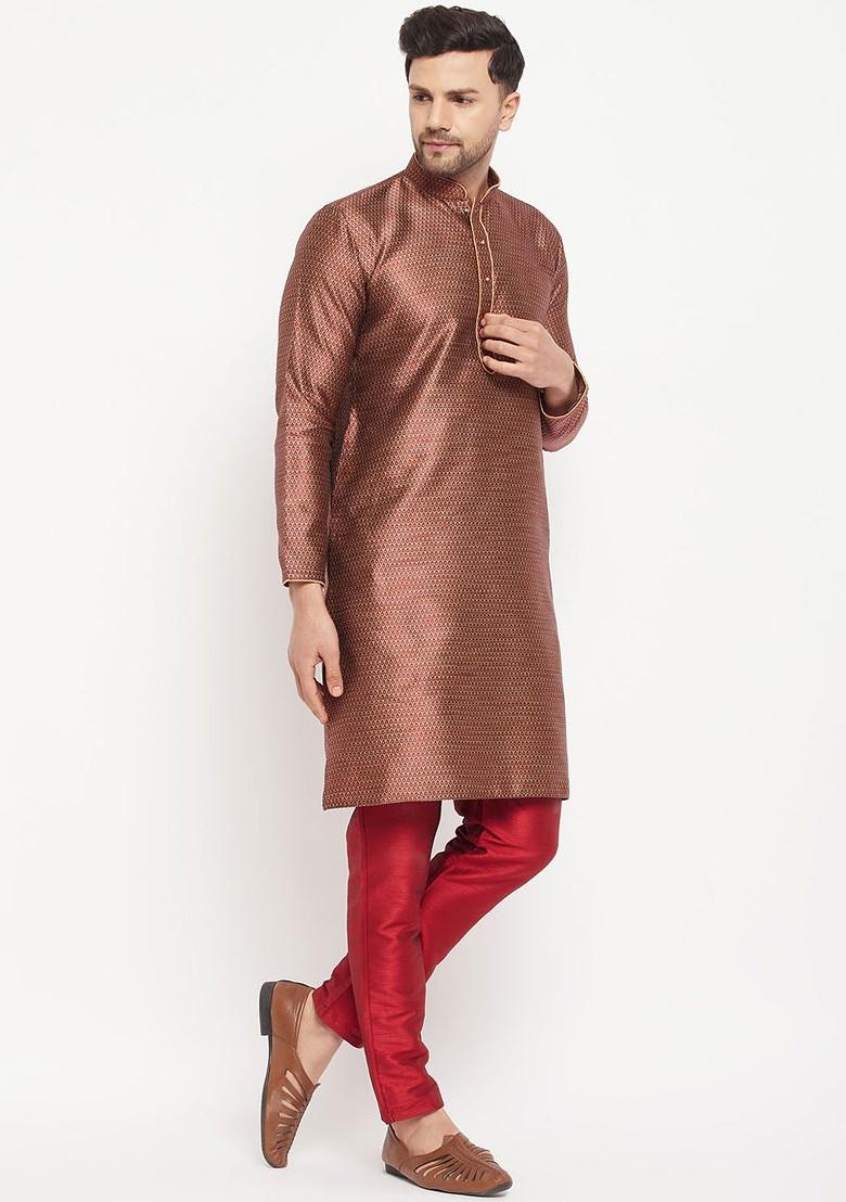 Maroon Thread Work Poly Blend Kurta Set For Men