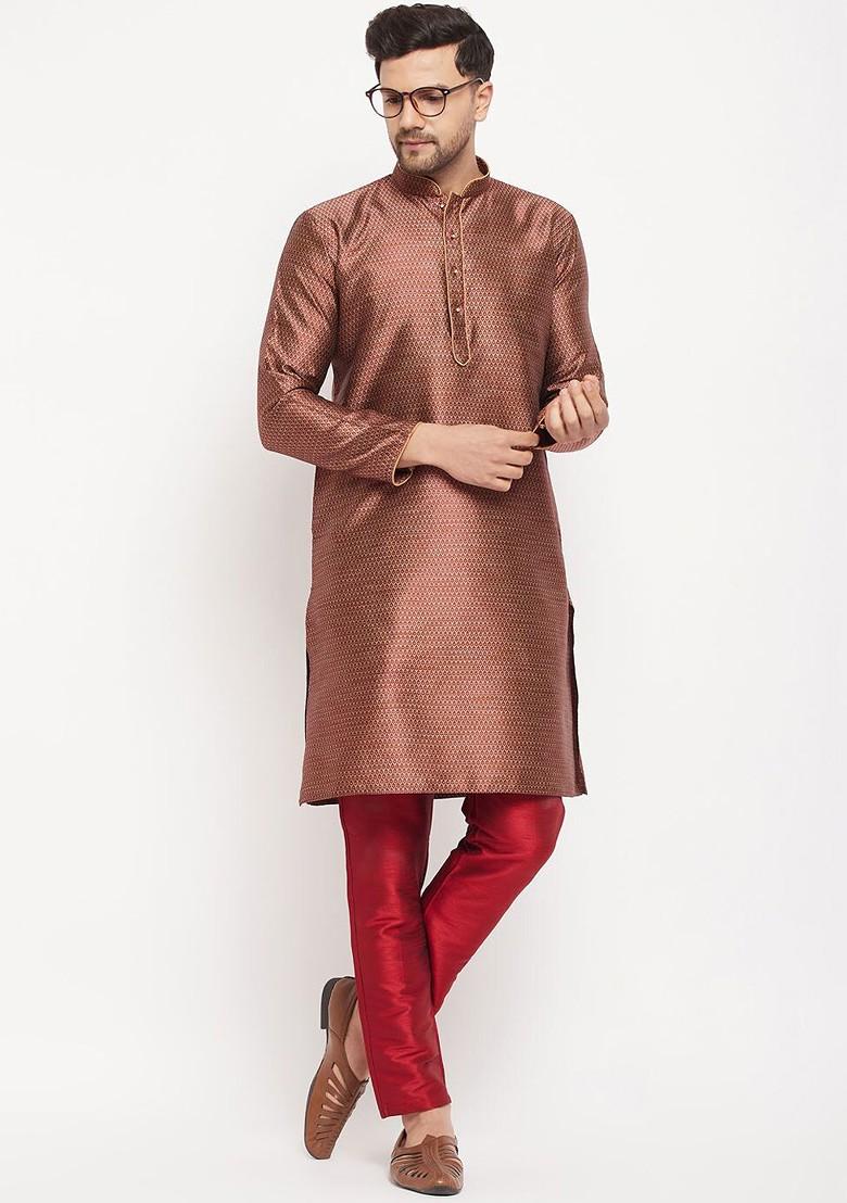 Maroon Thread Work Poly Blend Kurta Set For Men
