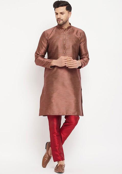 Maroon Thread Work Poly Blend Kurta Set For Men