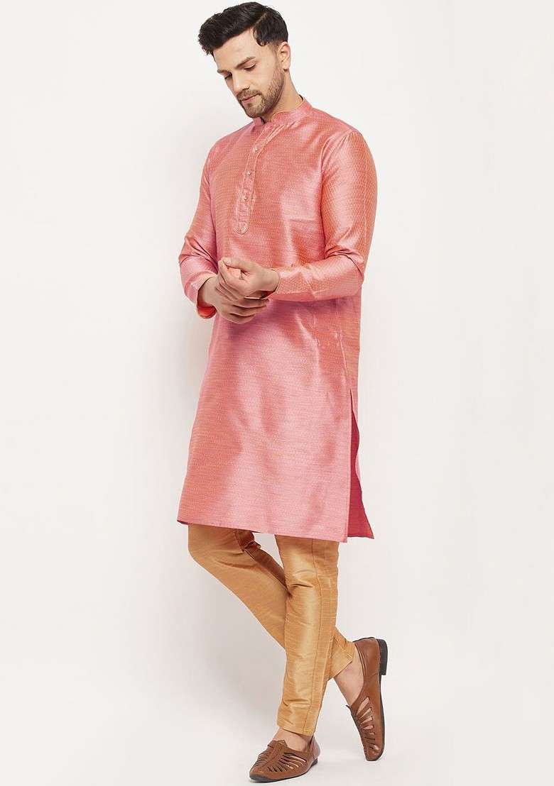 Pink Ethnic Motifs Jacquard Kurta Set For Men - Indya