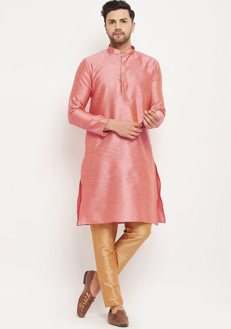 Pink Ethnic Motifs Jacquard Kurta Set For Men