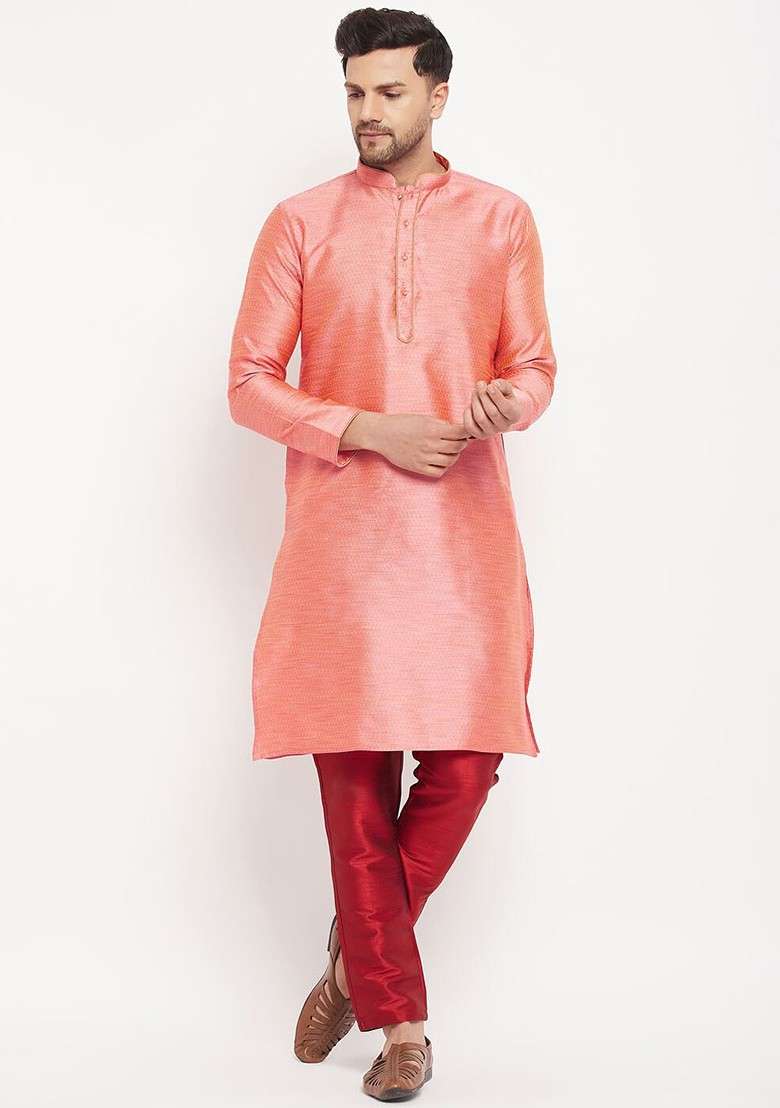 Pink Ethnic Motifs Jacquard Kurta Set For Men - Indya