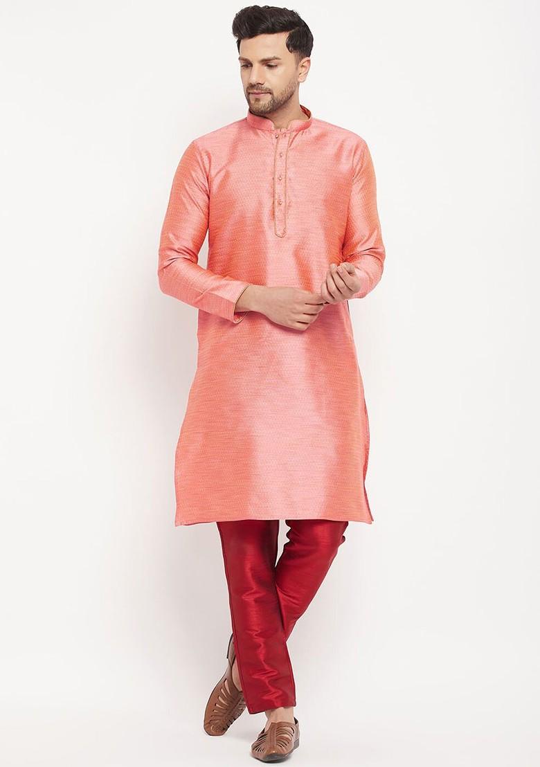 Pink Ethnic Motifs Jacquard Kurta Set For Men