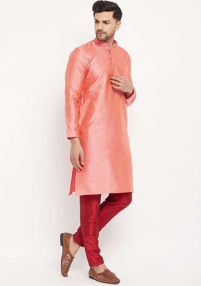Pink Ethnic Motifs Jacquard Kurta Set For Men - Indya