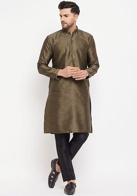 Black Woven Poly Blend Kurta Set For Men