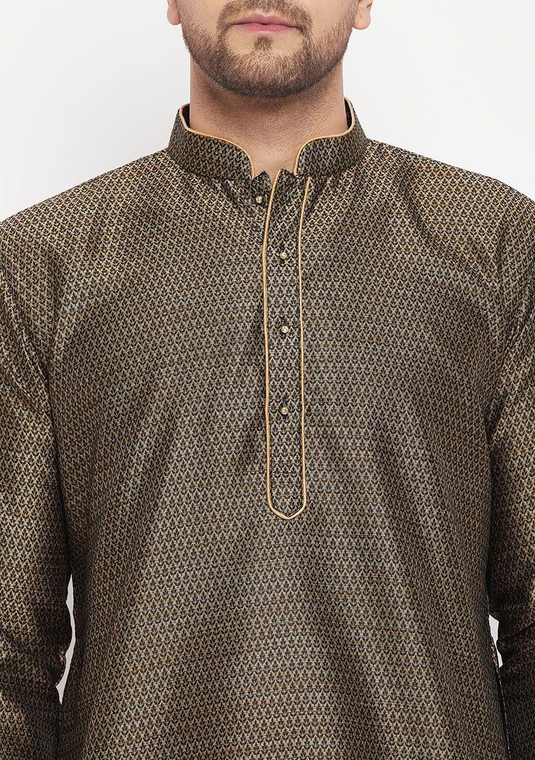 Black Woven Poly Blend Kurta Set For Men