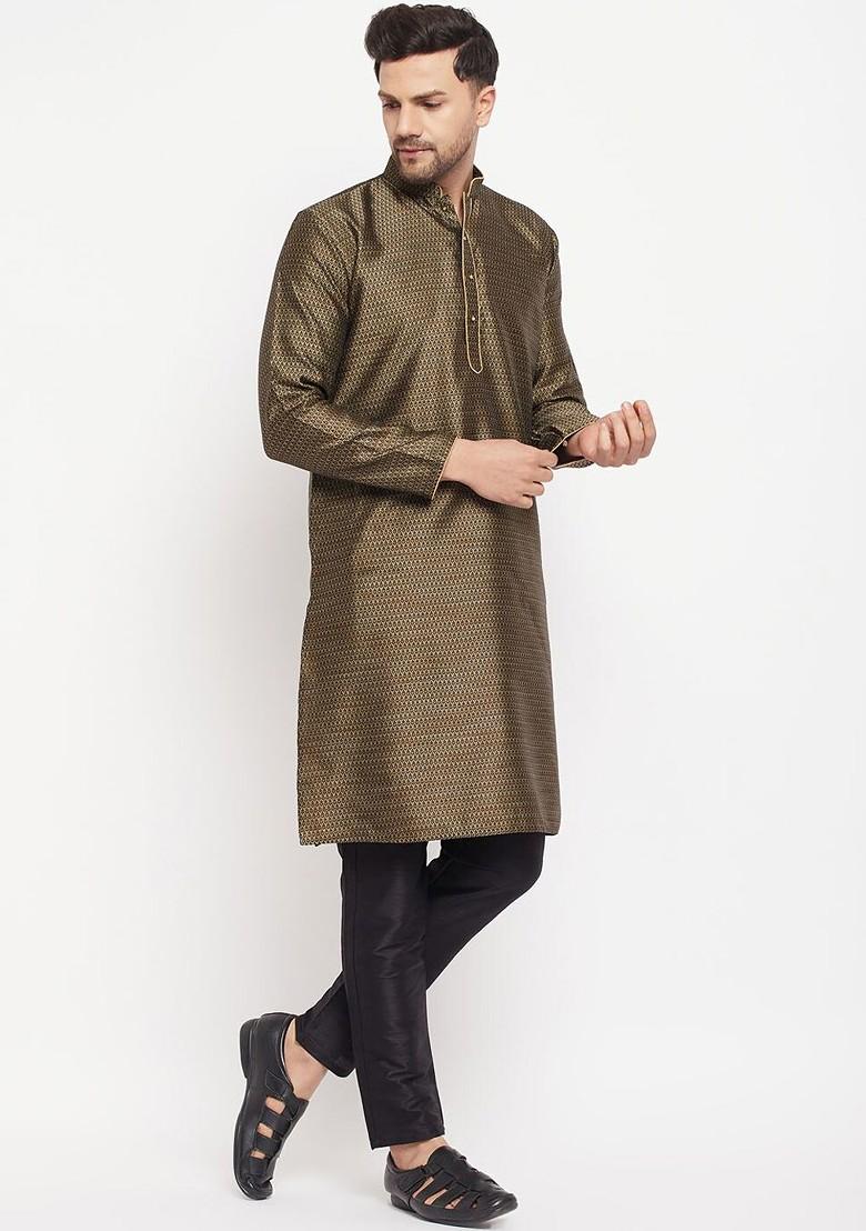 Black Woven Poly Blend Kurta Set For Men