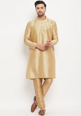 Gold Solid Silk Kurta Set For Men