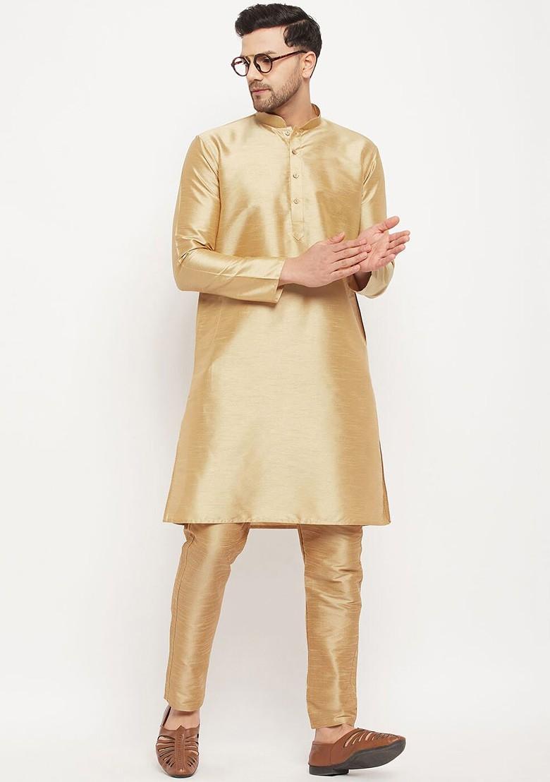 Gold Solid Silk Kurta Set For Men