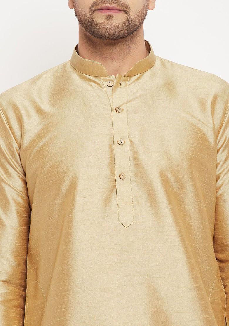 Gold Solid Silk Kurta Set For Men