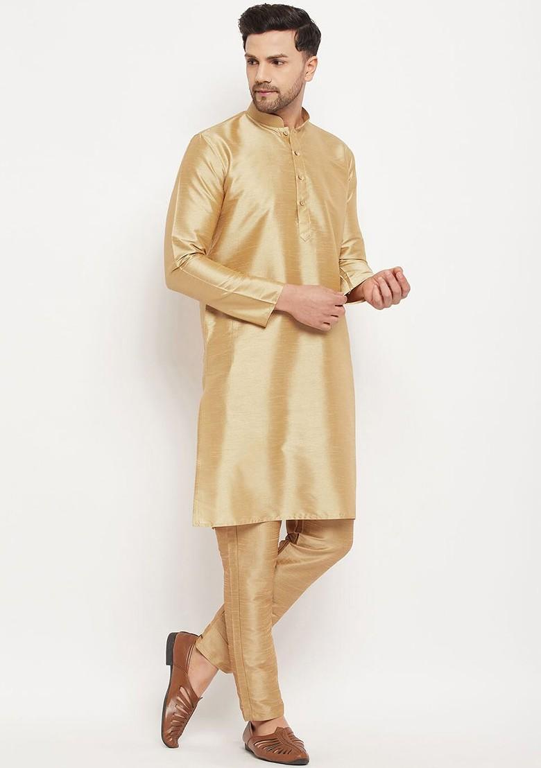 Gold Solid Silk Kurta Set For Men