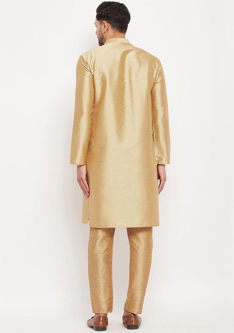 Gold Solid Silk Kurta Set For Men