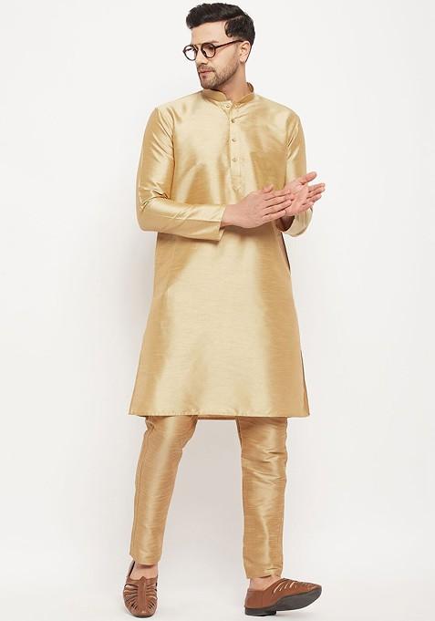 Gold Solid Silk Kurta Set For Men