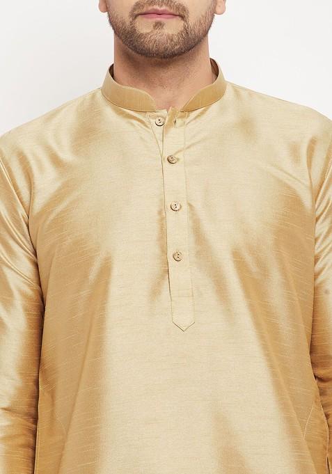 Gold Solid Silk Kurta Set For Men