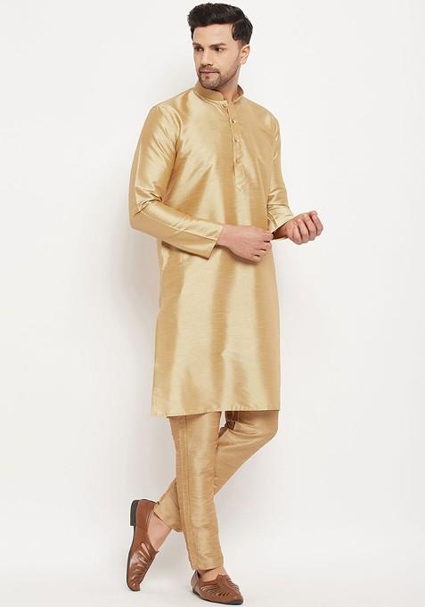 Gold Solid Silk Kurta Set For Men