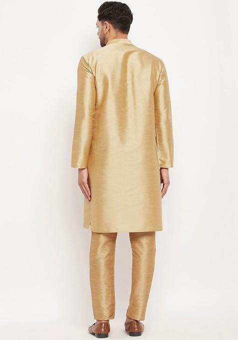 Gold Solid Silk Kurta Set For Men