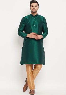 Green Solid Silk Kurta Set For Men