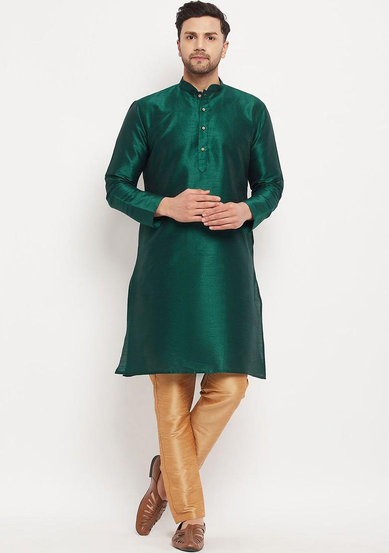 Green Solid Silk Kurta Set For Men